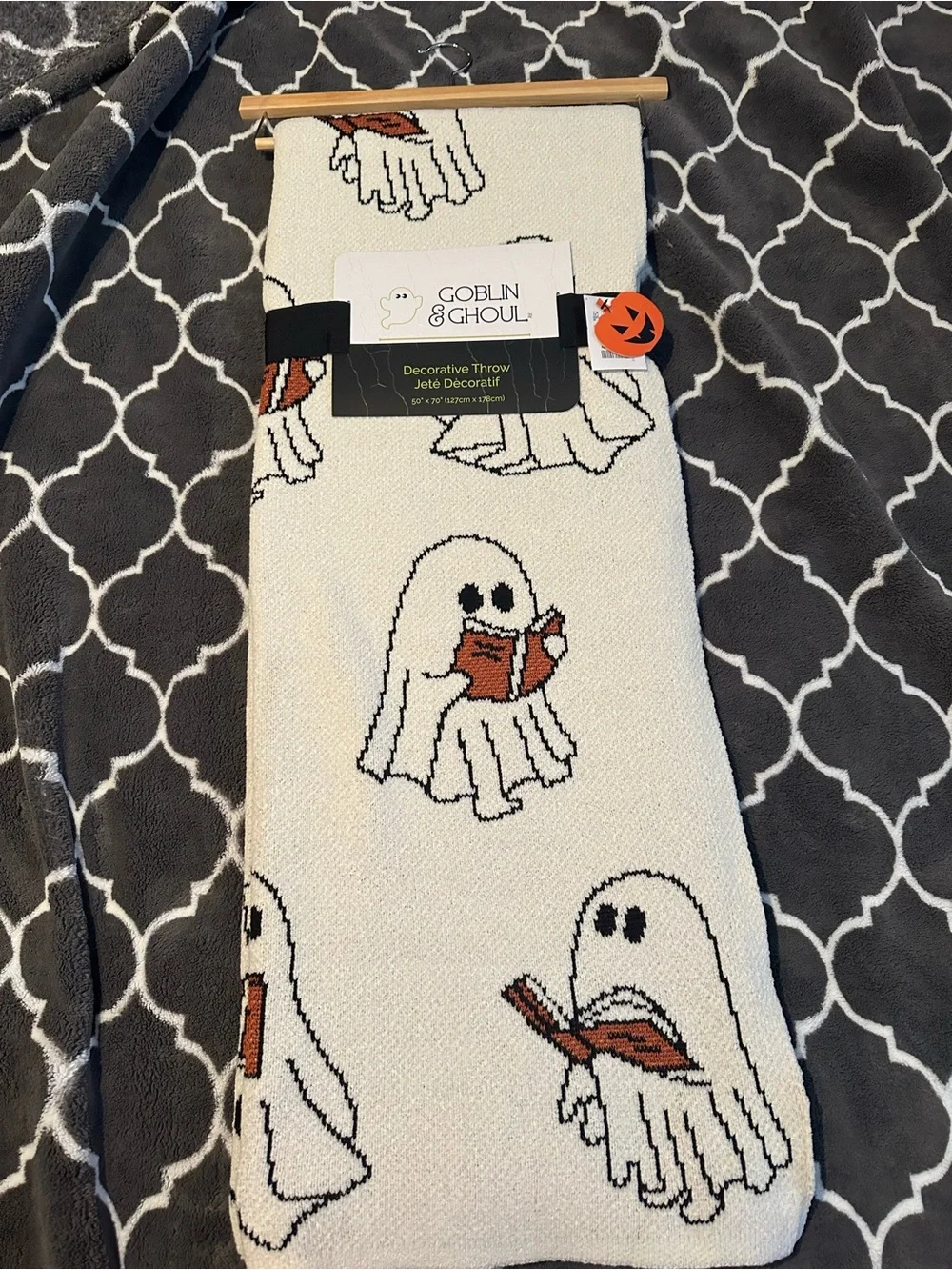 Goblin & Ghoul Ghost Book Decorative Throw - White with Orange & Black